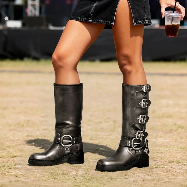 Square Toe Motorcycle Boots - SILVER - 2