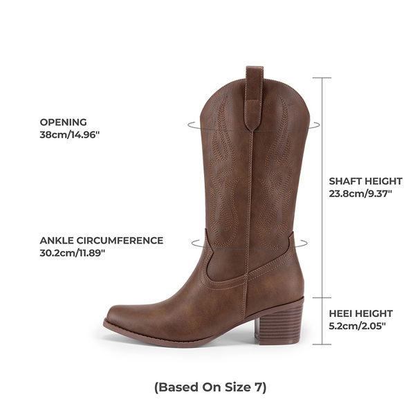 Women’s Embroidered Mid-Calf Cowboy Boots - BROWN-PU - 3