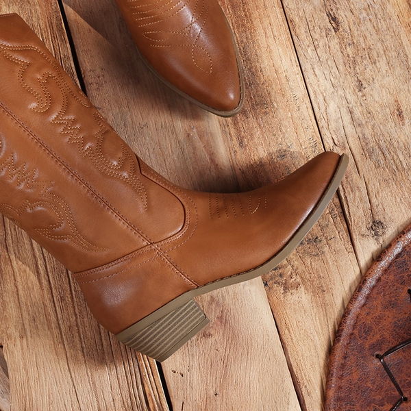 Mid Calf Western Cowboy Boots - TAN - 5