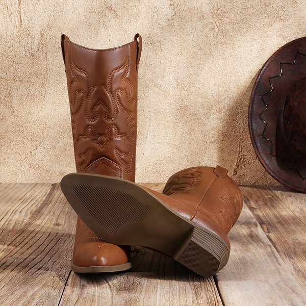Mid Calf Western Cowboy Boots - TAN - 3