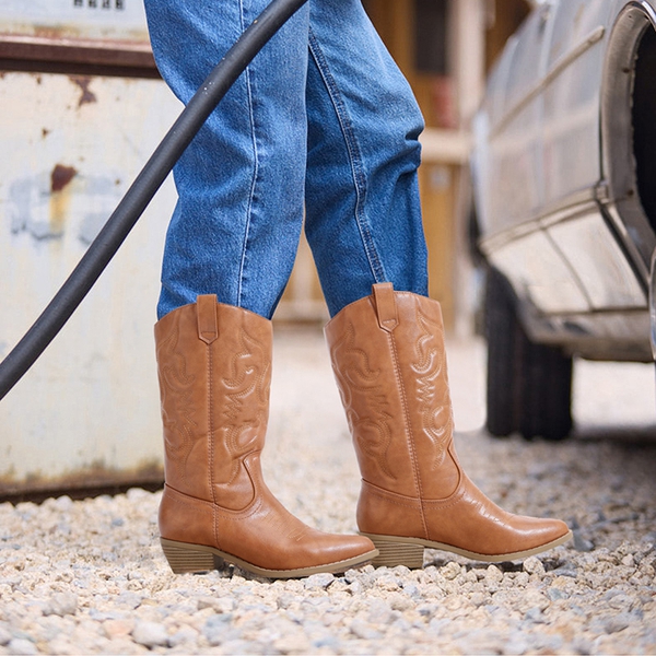 Mid Calf Western Cowboy Boots - TAN - 8
