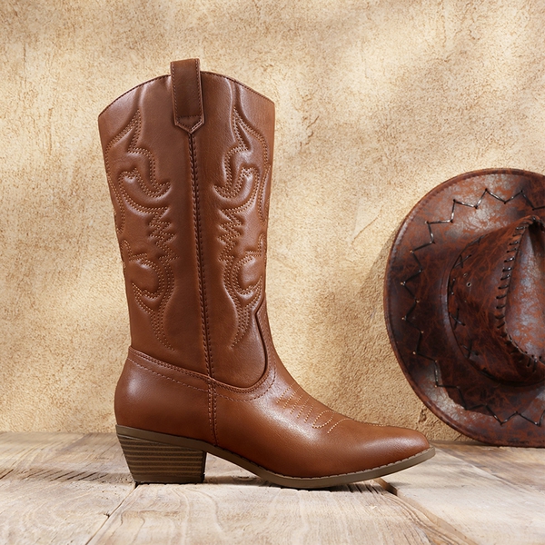 Mid Calf Western Cowboy Boots - TAN - 2