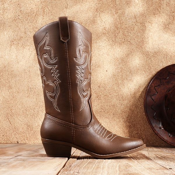 Mid Calf Western Cowboy Boots - BROWN - 2