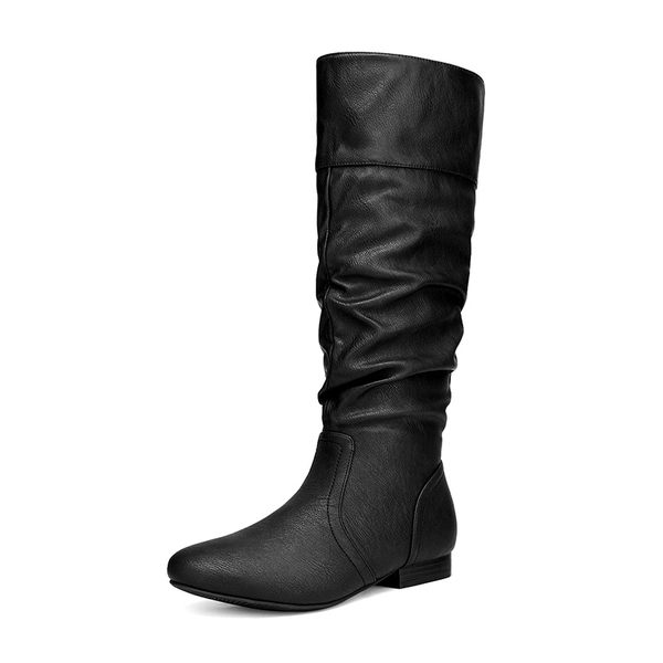 Flat Knee High Boots - BLACK PU -  0