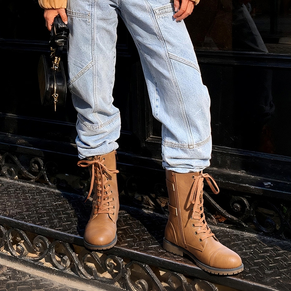 Utilitarian Ankle Mid Calf Combat Boots - CAMEL - 2
