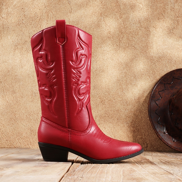 Mid Calf Western Cowboy Boots - RED - 2