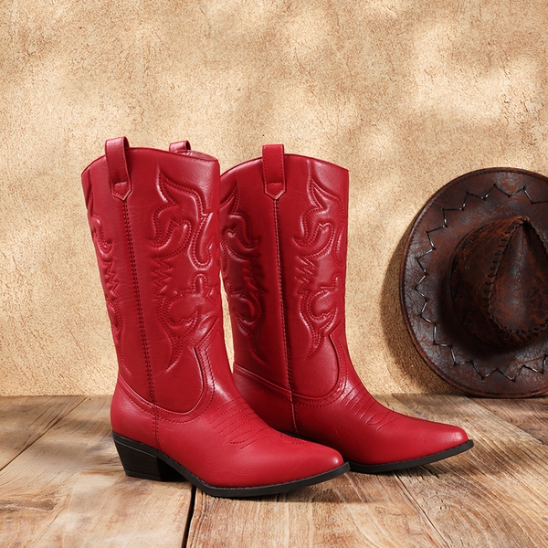 Mid Calf Western Cowboy Boots - RED - 3