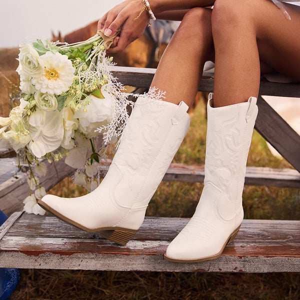 Mid Calf Western Cowboy Boots - WHITE - 7