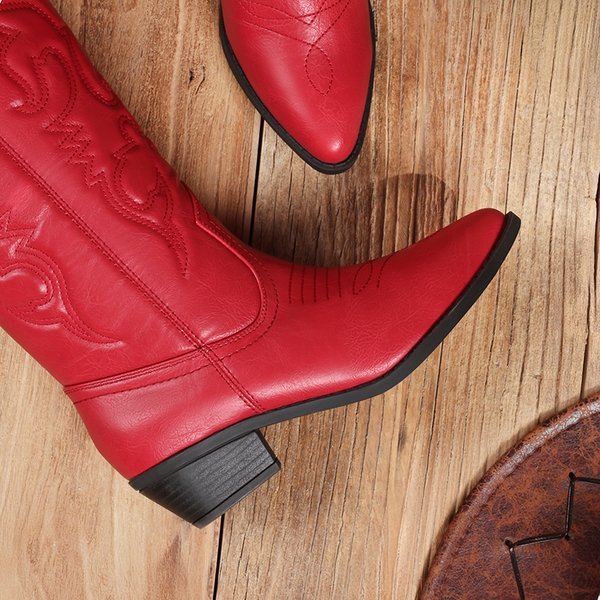 Mid Calf Western Cowboy Boots - RED - 5