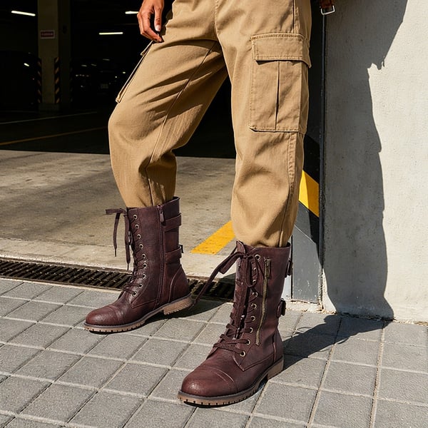 Utilitarian Ankle Mid Calf Combat Boots - BURGUNDY - 2