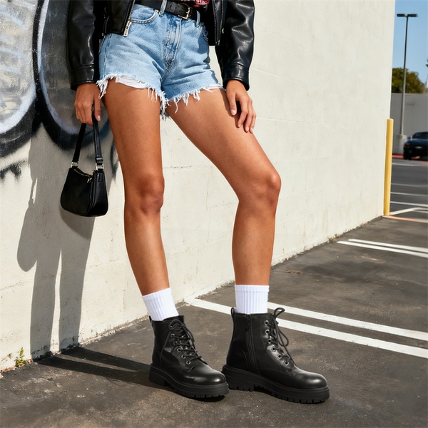 Flat Lace Up Ankle Combat Boots - BLACK - 2