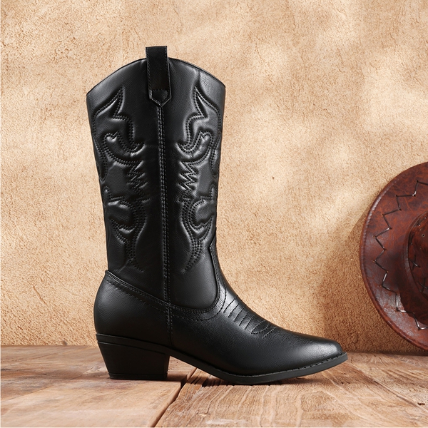 Mid Calf Western Cowboy Boots - BLACK - 2