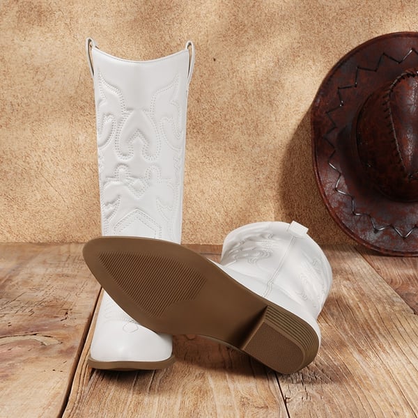 Mid Calf Western Cowboy Boots - WHITE - 3