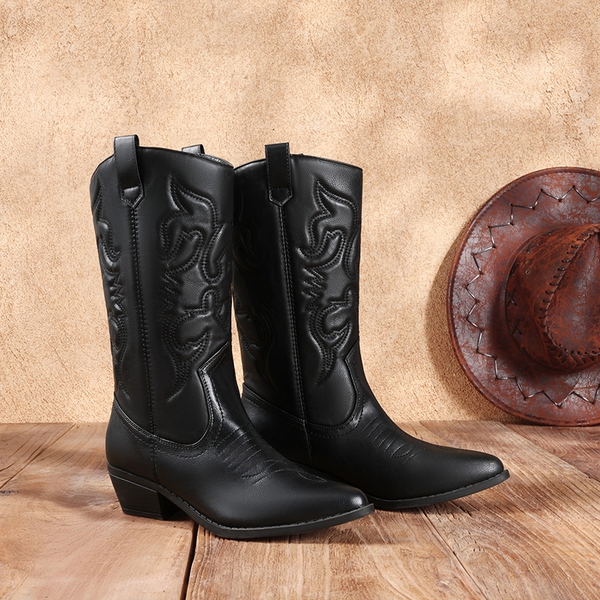 Mid Calf Western Cowboy Boots - BLACK - 4
