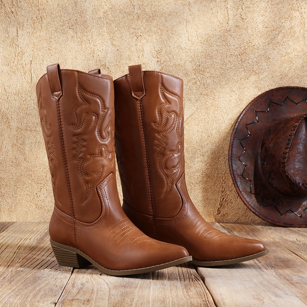 Mid Calf Western Cowboy Boots - TAN - 4