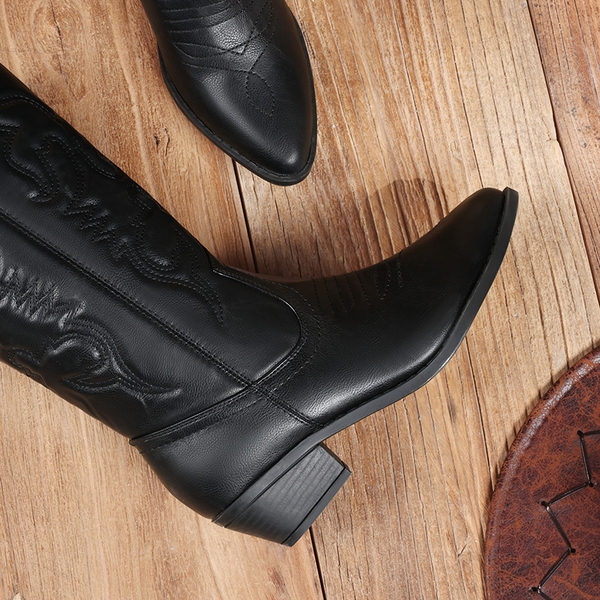 Mid Calf Western Cowboy Boots - BLACK - 5