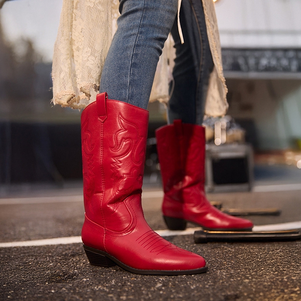 Mid Calf Western Cowboy Boots - RED - 8