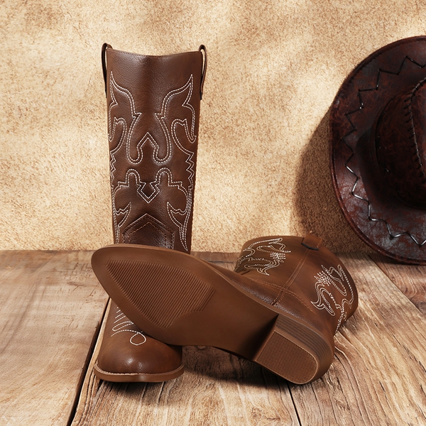 Mid Calf Western Cowboy Boots - BROWN - 3