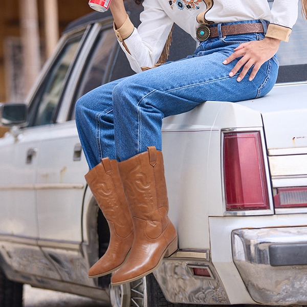 Mid Calf Western Cowboy Boots - TAN - 9