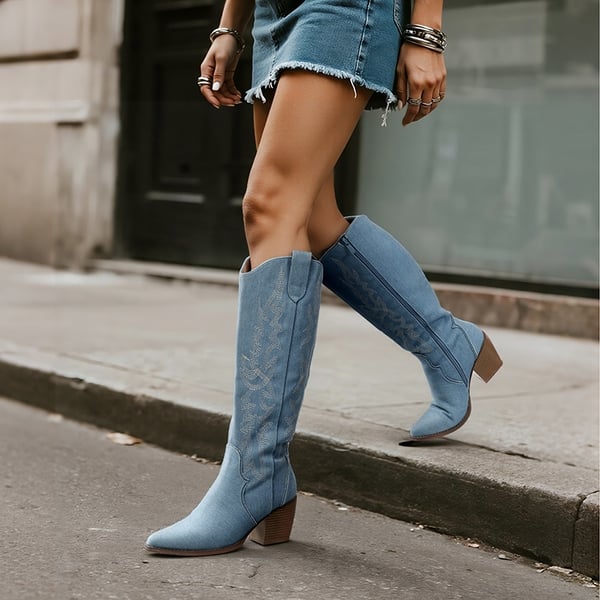 Dallas Embroidered Western Cowboy Knee High Boots - DENIM BLUE - 2