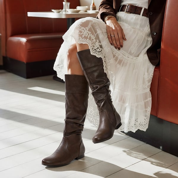 Flat Knee High Boots - BROWN - 2
