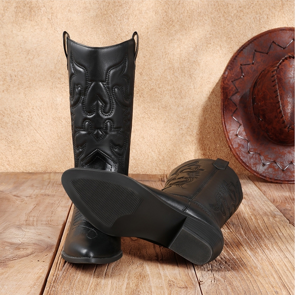 Mid Calf Western Cowboy Boots - BLACK - 3