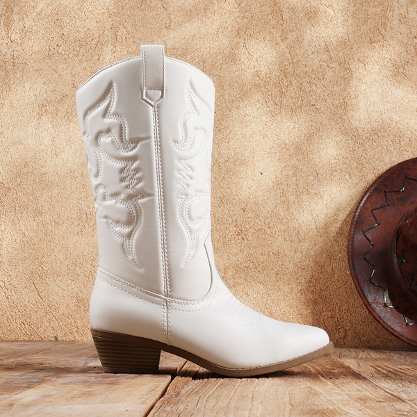Mid Calf Western Cowboy Boots - WHITE - 2