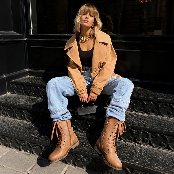 Utilitarian Ankle Mid Calf Combat Boots - CAMEL - 1