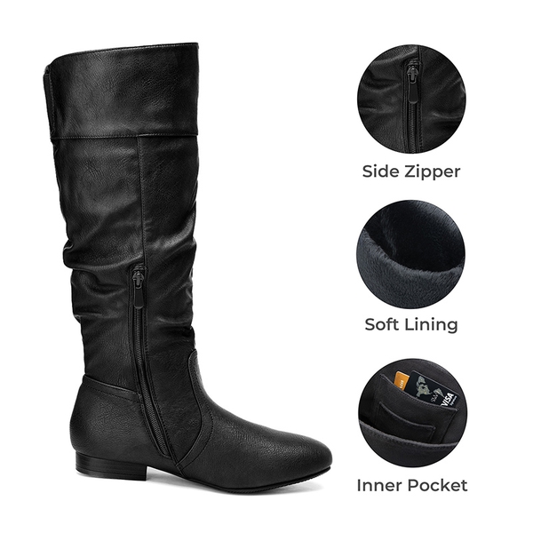 Flat Knee High Boots - BLACK PU - 3