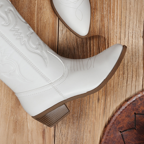 Mid Calf Western Cowboy Boots - WHITE - 5