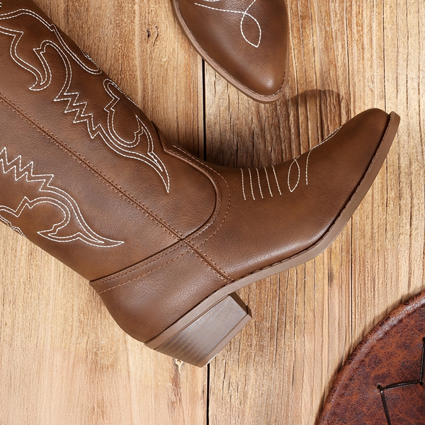 Mid Calf Western Cowboy Boots - BROWN - 5
