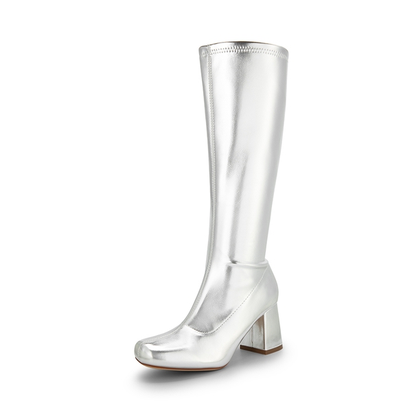 Dreamy Desire Square Toe Chunky Knee High Gogo Boots - METALLIC SILVER -  0