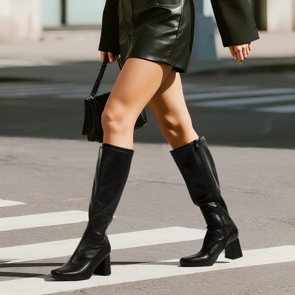 Desire Square Toe Chunky Knee High Gogo Boots - BLACK PU - 3