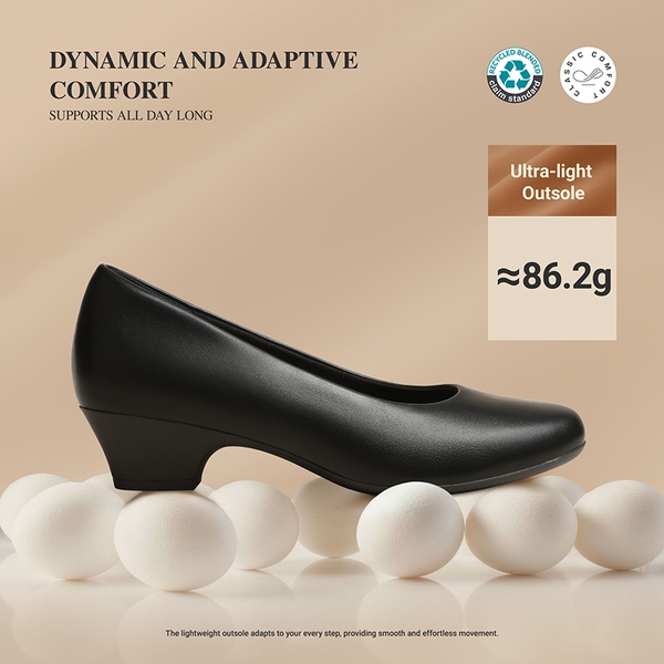 [Stand All Day Pumps] Counsel Round-Toe Low Block Heel Pumps - BLACK - 4