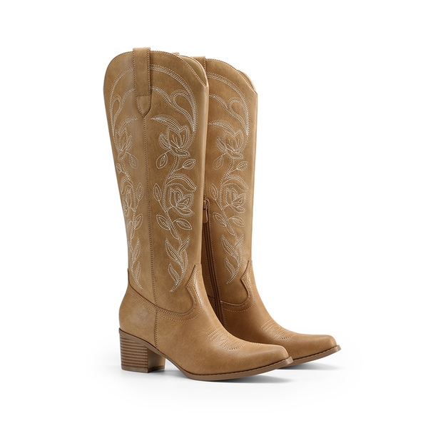 Comfort Square-toe Knee-high Cowboy Boots - TAN - 9