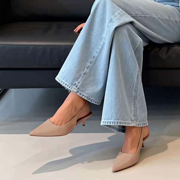Easy Elegance Pointed Toe Kitten Heel Slingback Heels - NUDE - 2