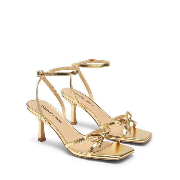 Elegant Square Toe Bow-heeled Sandal - GOLD - 4