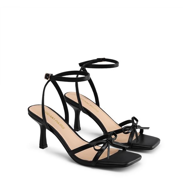Elegant Square Toe Bow-heeled Sandal - BLACK - 4