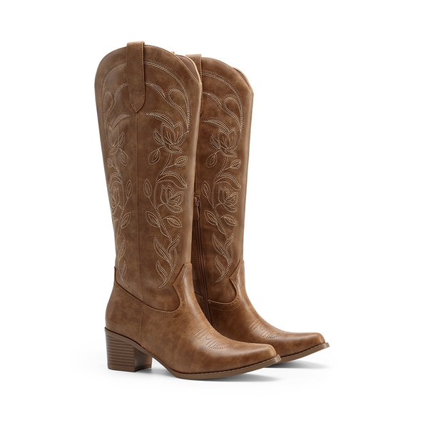 Comfort Square-toe Knee-high Cowboy Boots - BROWN - 9