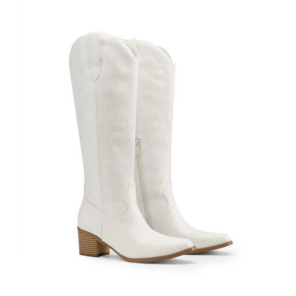 Comfort Square-toe Knee-high Cowboy Boots - WHITE - 9