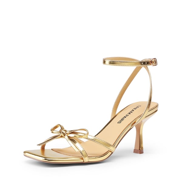 Elegant Square Toe Bow-heeled Sandal - GOLD -  0