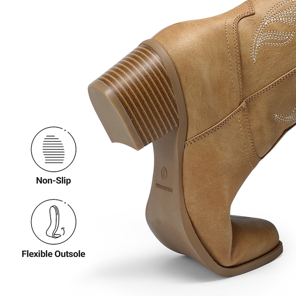 Comfort Square-toe Knee-high Cowboy Boots - TAN - 5