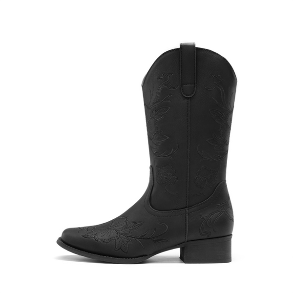 Classic Comfy Square-Toe Mid-Calf Cowboy Boots - ALL BLACK - 3