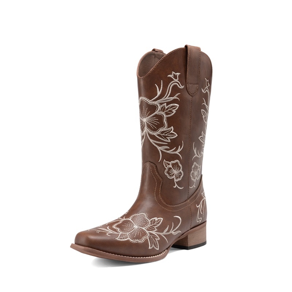 Classic Comfy Square-Toe Mid-Calf Cowboy Boots - BROWN -  0