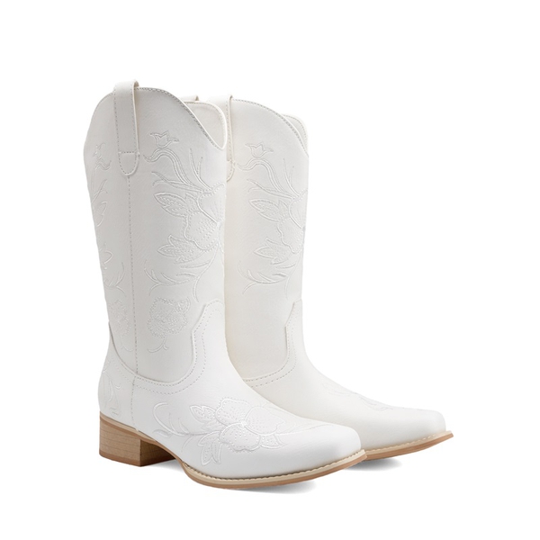 Classic Comfy Square-Toe Mid-Calf Cowboy Boots - WHITE - 4