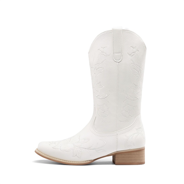 Classic Comfy Square-Toe Mid-Calf Cowboy Boots - WHITE - 3