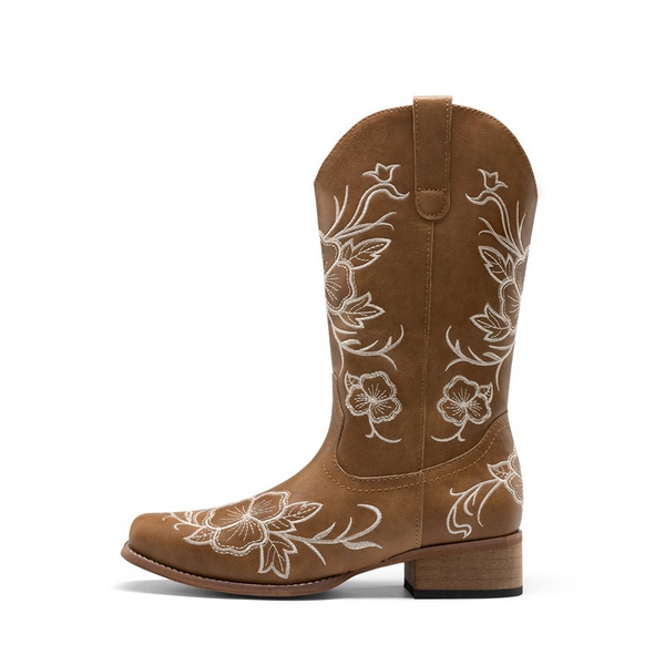 Classic Comfy Square-Toe Mid-Calf Cowboy Boots - TAN - 3