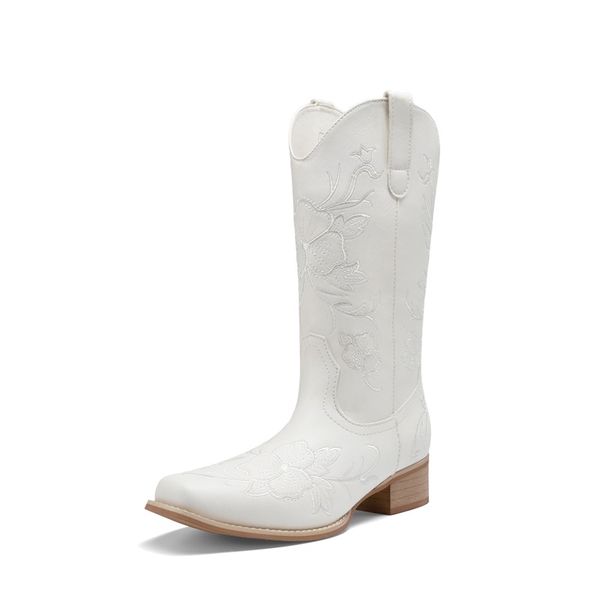 Classic Comfy Square-Toe Mid-Calf Cowboy Boots - WHITE -  0