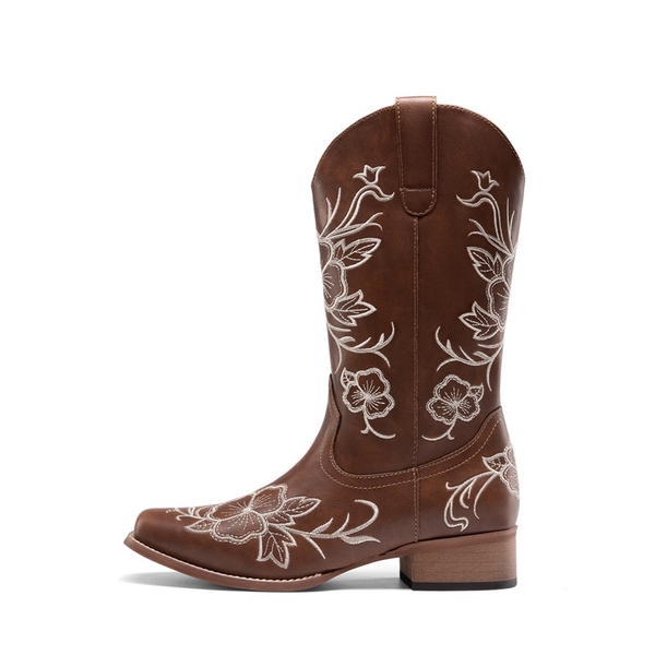 Classic Comfy Square-Toe Mid-Calf Cowboy Boots - BROWN - 3