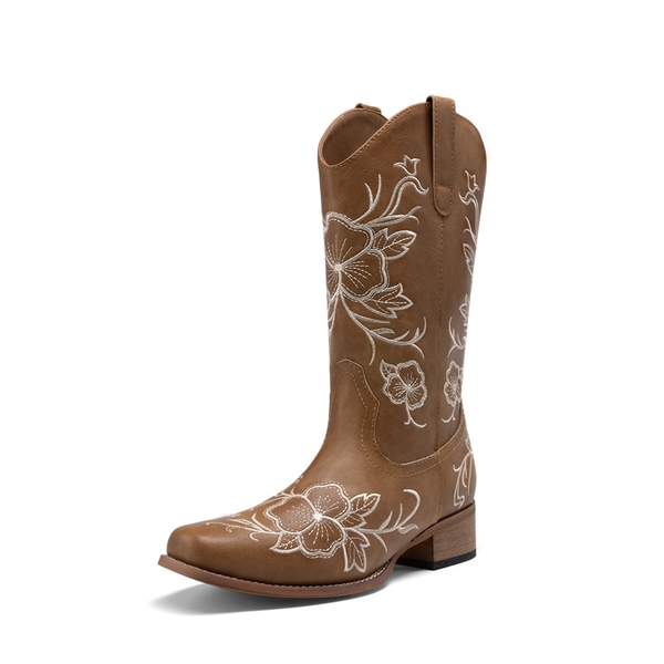 Classic Comfy Square-Toe Mid-Calf Cowboy Boots - TAN -  0